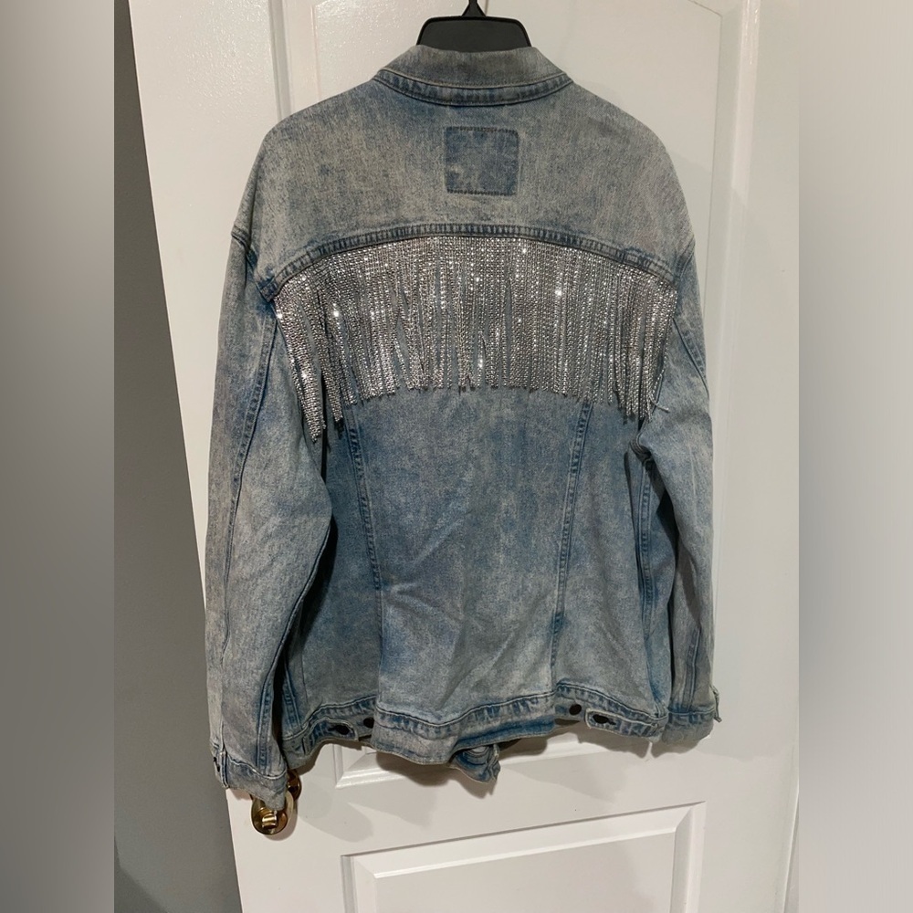 LEVIS Western rhinestone fringe trucker denim jean jacket 🪩 3XL Festival - Picture 12 of 14